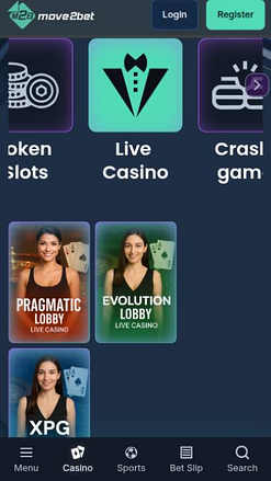 Screenshot in diretta della pagina mobile di Move2bet Casino