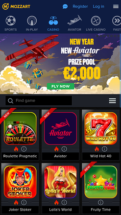 Page d'accueil mobile du casino Mozzart