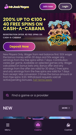 Page d'accueil mobile du casino Mr Jack Vegas