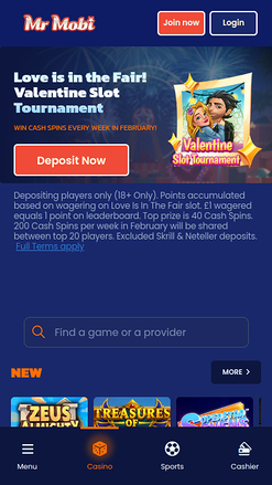 Page d'accueil mobile de Mr Mobi Casino