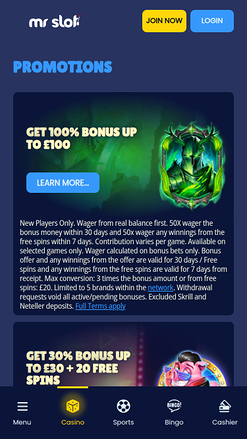 Promotions mobiles du casino Mr Slot