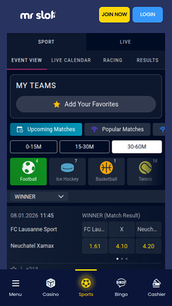 Pari sportif mobile du casino Mr Slot