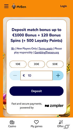 Screenshot der Homepage von MrBen Casino für Mobilgeräte