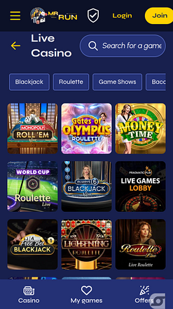 MrRun Casino Mobile Live Dealer