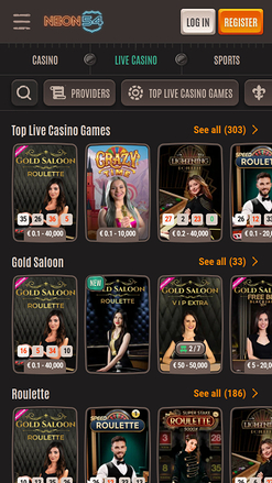 Casino mobile Neon54 avec croupier en direct