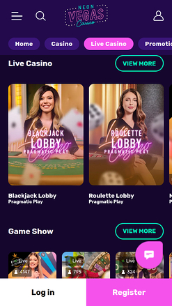 Casino móvil NeonVegas con crupier en vivo