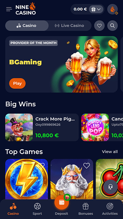 Homepage mobile di Nine Casino