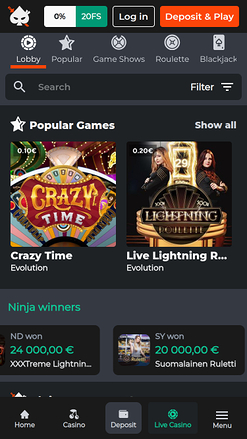 Ninja Casino Mobile avec croupier en direct