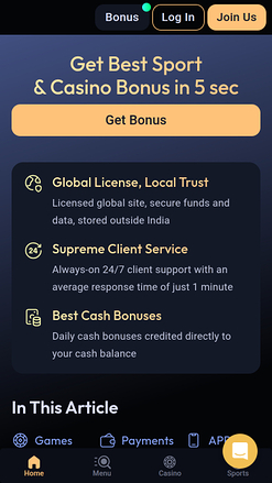 Page d'accueil mobile du casino Odds96