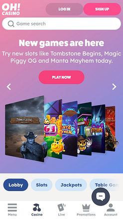 Page d'accueil mobile d'Oh Casino