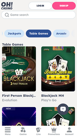 Jeux de table de casino sur mobile Oh Casino