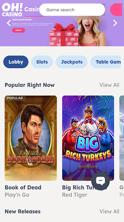 Capture d'écran de la page d'accueil de Oh Casino pour mobile