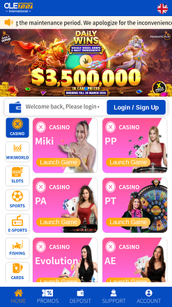 Página de inicio móvil del casino Ole777