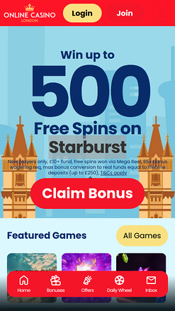 Page d'accueil mobile du casino en ligne de Londres