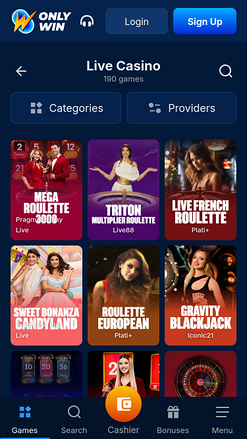 Croupier dal vivo per mobile di Only Win Casino