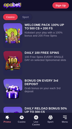 OpaBet Casino Mobile-Aktionen