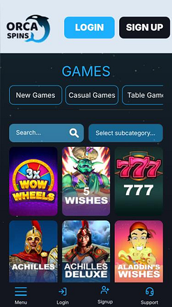 Pagina mobile dei giochi di Orca Spins Casino