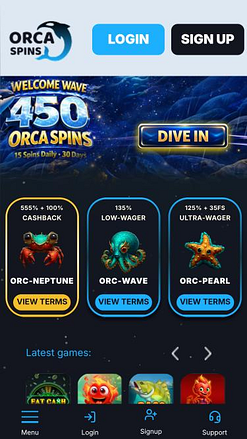 Pagina iniziale mobile di Orca Spins Casino