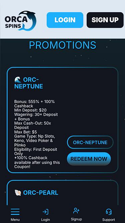 Pagina mobile delle promozioni di Orca Spins Casino