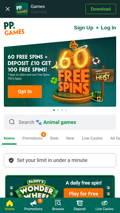 Página de inicio móvil del Casino Paddy Power