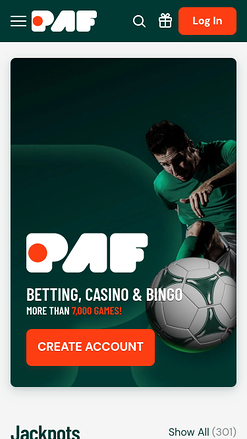 Página de inicio móvil de Paf Casino