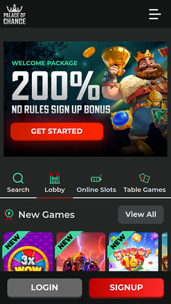 Homepage mobile di Palace of Chance