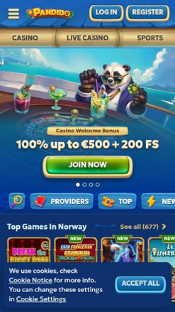 Captura de pantalla móvil de la página de inicio del Casino Pandido