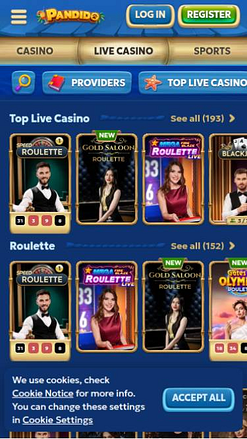 Captura de pantalla móvil en vivo del Casino Pandido