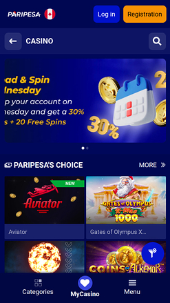 Página de inicio móvil de PariPesa Casino