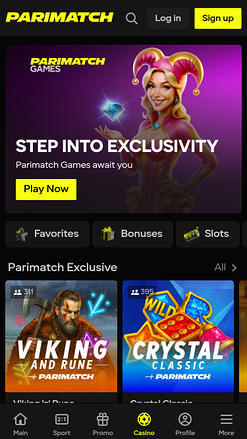 Page d'accueil mobile du casino Parimatch