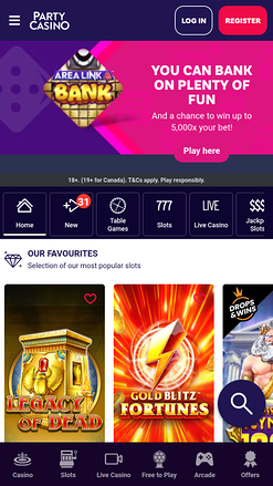 Page d'accueil mobile de PartyCasino