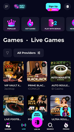 لقطة شاشة من تطبيق PartySpinz Casino للهواتف المحمولة مع موزع مباشر