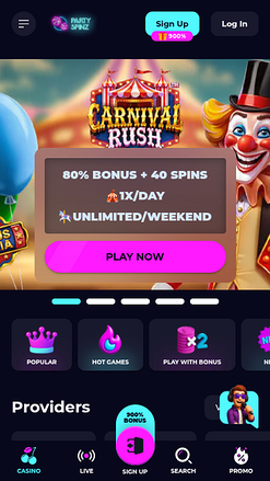 Homepage screenshot of PartySpinz Casino for Mobile