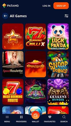 Мобильная страница игр казино Patang