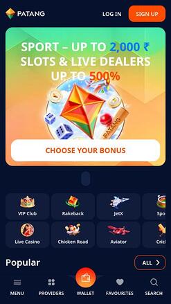 Домашняя страница мобильной версии казино Patang