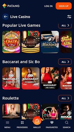 Мобильная страница казино Patang с живым дилером