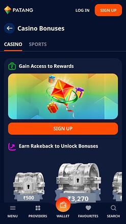 Мобильная страница акций казино Patang