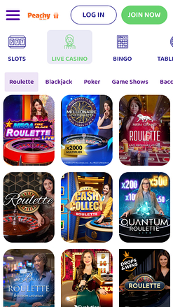 Casino mobile PeachyGames avec croupier en direct