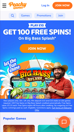 Página de inicio móvil del casino PeachyGames