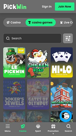 Page mobile des jeux de casino PickWin