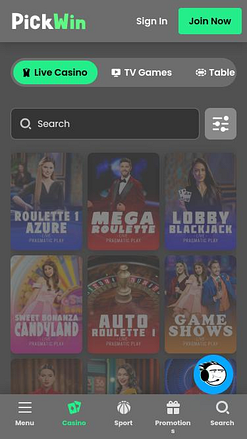 Page mobile du casino PickWin avec croupiers en direct