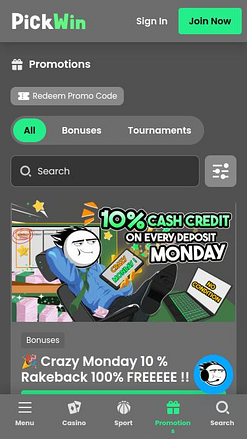 Page mobile des promotions du casino PickWin