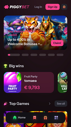 Page d'accueil mobile du casino PiggyBet