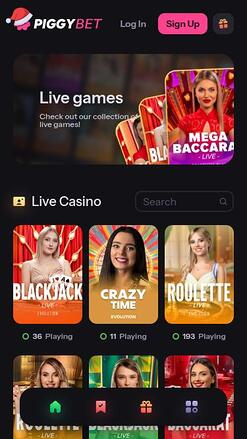 PiggyBet Casino avec croupiers en direct sur mobile