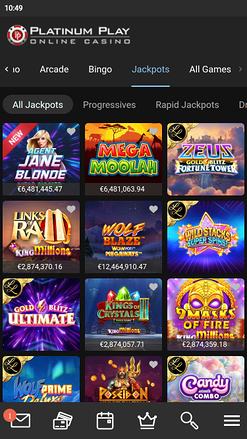 Jackpot mobile du casino Platinum Play