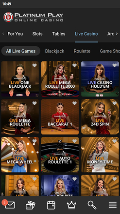 Casino mobile Platinum Play avec croupier en direct