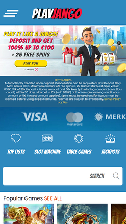 Página principal móvil de Play Jango Casino