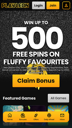 Page d’accueil mobile du casino Play Leon