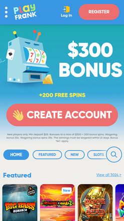 Page d'accueil mobile de PlayFrank Casino