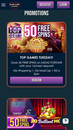Promociones móviles del casino PlayLive